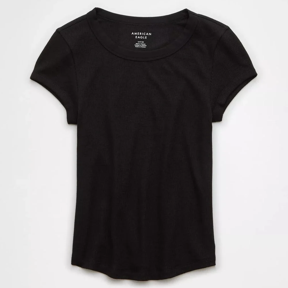 American Eagle AE Waffle T-Shirt Layering Tee M Black Stretch Base Layer 90s Y2K - Picture 15 of 16